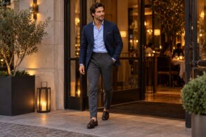 Hombre con americana azul marino, camisa azul clara, pantalón gris y mocasines ante la entrada de un restaurante