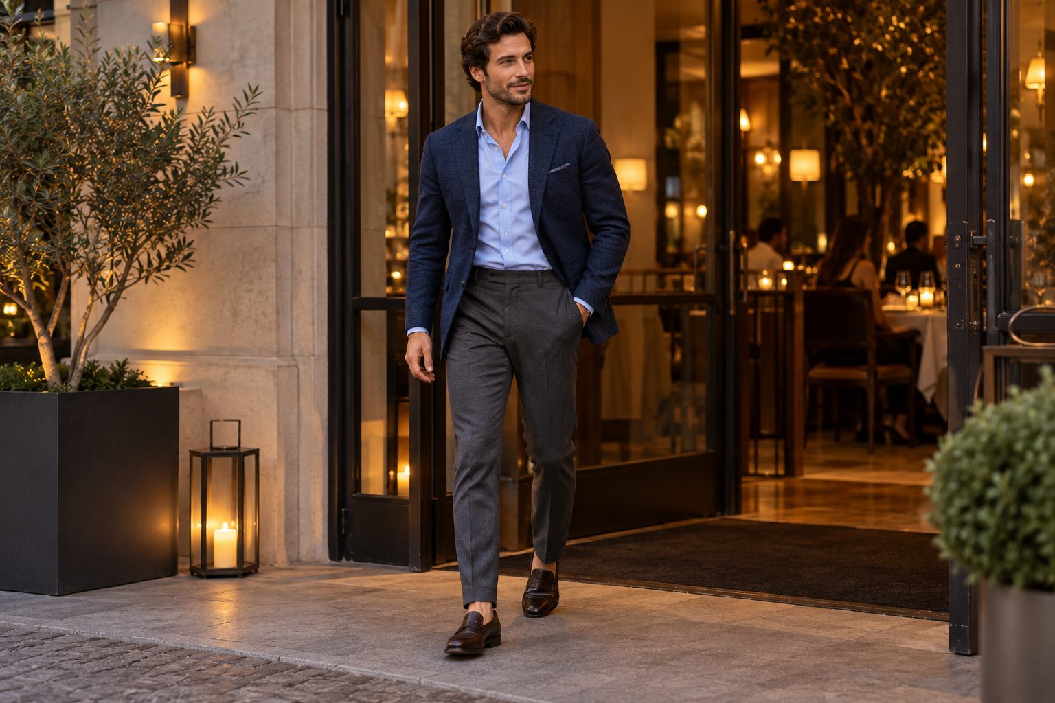 Hombre con americana azul marino, camisa azul clara, pantalón gris y mocasines ante la entrada de un restaurante