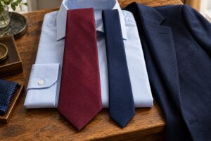 Corbata ancha burdeos y corbata estrecha azul marino sobre una camisa azul clara junto a una americana